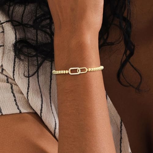 Gold Bracelets for Women 14K Gold Plated Bead Bracelet Hypoallergenic Stretch Bracelets for Women Elastic Bracelet Trendy Teen Gift Dainty Jewelry for Women - style: CZ