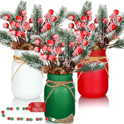 Karenhi 16 Pcs Christmas Mason Jar Centerpieces Pine Berries,Pine Needles