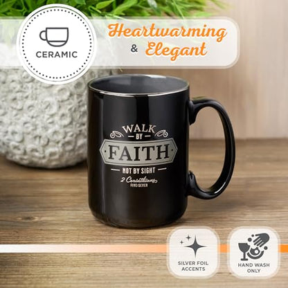 Christian Art Gifts Large Ceramic Bible Verse Coffee & Tea Mug for Men - color: Black/Walk by Faith