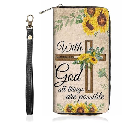 Christian Cross Quote Bible Verse Matthew 19:26 Print Wallet for Women Large Capacity Wallet Credit Card Holder PU Leather Zipper Clutch Purse Phone Wallet - color: Christian Cross Quote Bible Verse Matthew 19:26
