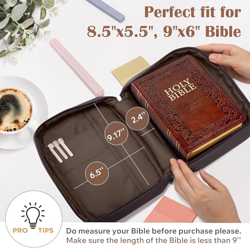 Small Bible Cover Case for Women and Men, 9x6 PU Leather Bible Sleeve, Compact Travel Bible Carrier Bag with Front Pen Holders, Zipper Closure, Inner Pockets - Coffee Brown - color: Coffee Brown, size: 9''x6.5''