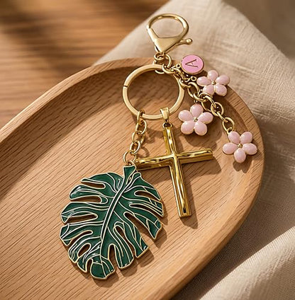 Cross Keychain for Women Jesus Christian Purse Bag Charms Key Charm Gifts for Women Purse Charms for Handbags - color: Gold Tone With Pink Flower