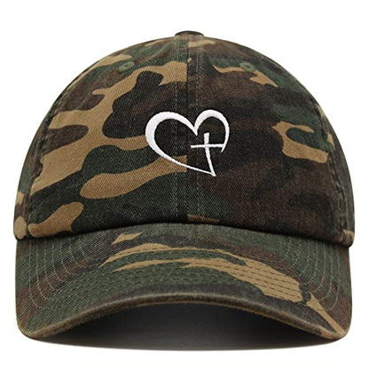 JPAK Heart and Cross Premium Dad Hat Embroidered Cotton Baseball Cap Christian Faith - color: Green Camo