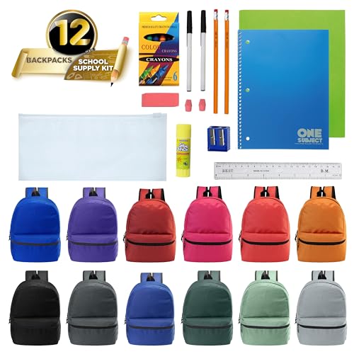 12 Pack 17" Bulk Backpacks with 18 Piece School Supplies Kits, 12 Colors - color: 12 Colors Asst, size: 18 Piece SS Kit
