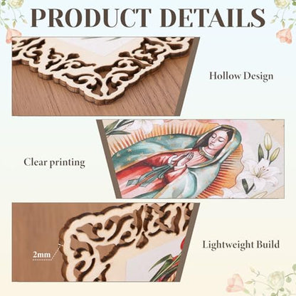 12 Pcs Our Lady of Guadalupe Wooden Picture Frames with Organza Gift Bags, Holy Prayer Cards First Communion Christening Memorial Engrave Baptism Favors for Guests, Catholic Gifts