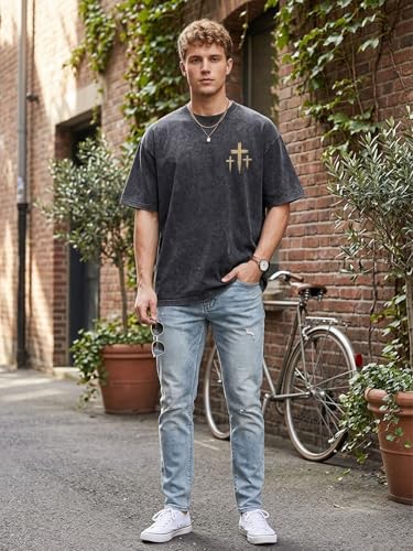 Eatbook Christian Shirts for Men Women Jesus Faith Oversized Acid Wash Tops - color: Darkgray God, size: Medium