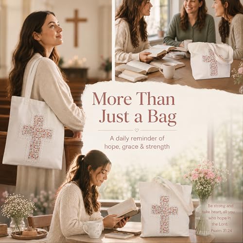 Christian Tote Bag Gift for Women, Canvas Bible Bag Handmade Floral Cross - color: White-pink Mini Roses