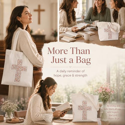 Christian Tote Bag Gift for Women, Canvas Bible Bag Handmade Floral Cross - color: White-pink Mini Roses