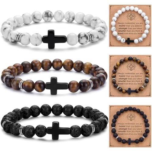 Kingdder 3 Pcs Cross Bracelet Tiger Eye Bracelet for Men 8mm Natural Stone Adjustable Christian Religious Birthday Jewelry - style: Black Cross