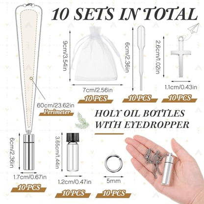 Tandefio 10 Sets Anointing Oil Bottles Necklace Bulk Catholic Holy Water Bottles Necklace with Empty Glass Vial Eyedropper Cross Pendant for Baptism Party Favors Christian First Communion Gifts