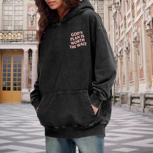 Christian Graphic Hoodies for Women God Bible Verse Oversized Hoodie Religious Letter Print Acid Wash Sweatshirts - color: Black, size: Medium