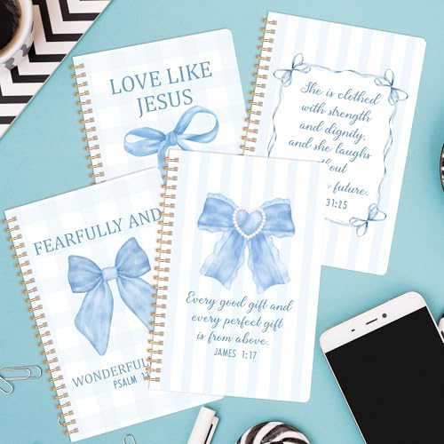 CNhoqc Blue Coquette Spiral Notebook, 4 Pcs Inspirational Bible Verse Bow