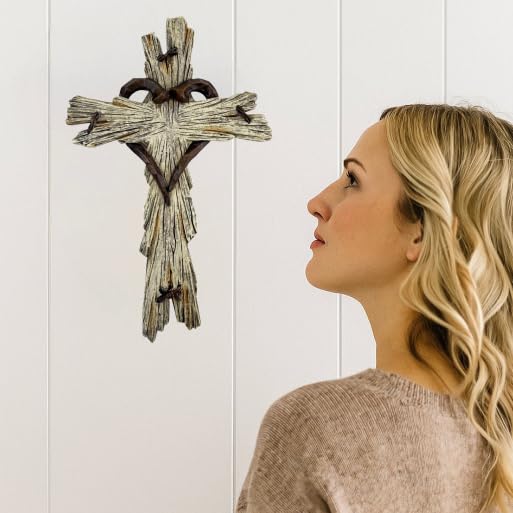 Rustic Wood-Look Resin Wall Cross with Barbed Wire & Nail Heart Accents – 11 ½” Christian Farmhouse Wall Décor, Inspirational Religious Gift (Whitewash) - color: Whitewash