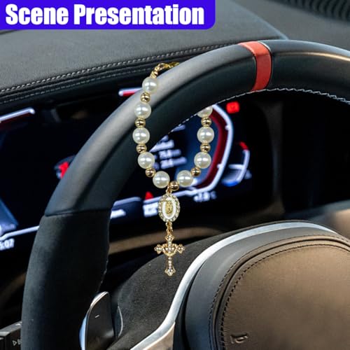 Rosary Car Steering Wheel Rosary Charm, Alloy Cross Religious Rear View Mirror Charm, Personalized Car Mirror Hanging Accessories for Most Cars (White) - size: White
