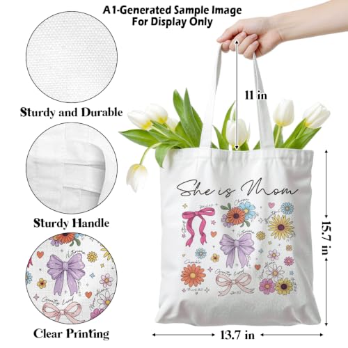 Christian Mom Tote Bag, Floral Bow Canvas Handbag for Women, Inspirational Bible Verse Gift, Reusable Shoulder Carryall, Durable Shopping Work Church Travel Bag, Mothers Day Gifts, 13.7 x 15.7 In