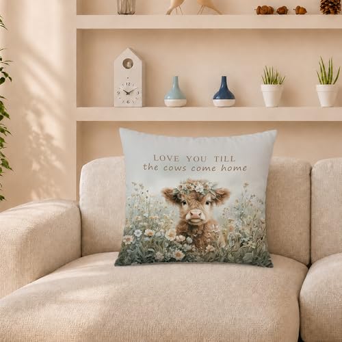 Rustic Floral Highland Cow Pillow Cover 18x18 - color: Highland Cow-1