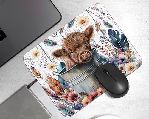 OFlich Highland Cow Mouse Pad - Floral, 9.5x7.9 Inch, Reddish Brown, Polyester & Polyurethane, Non-Slip Base, Office & Gaming - color: Cow 5