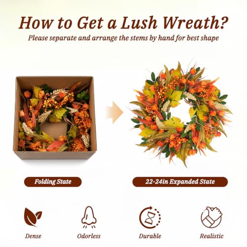 Grooy 24 Inch Artificial Fall Wreath for Front Door