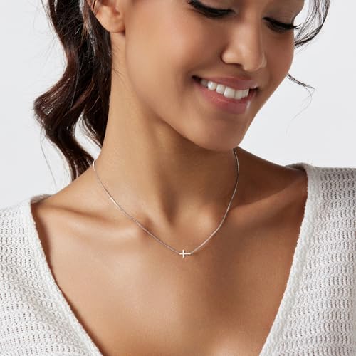 LULII Cross Necklace for Women Dainty 14K Gold Silver Plated Small Cross Pendant Choker Simple Cute Cross Gold Necklace for Women Trendy Faith Jewelry Gift - color: Sideways Cross Box Chain-Silver