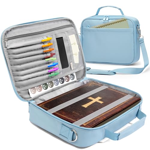 SUNEE Bible Cover for Women, Large Bible Bag w/Shoulder Strap Carrying Book Case w/Pen Slots and Zippered Pocket, Gift for Women & Men, Blue