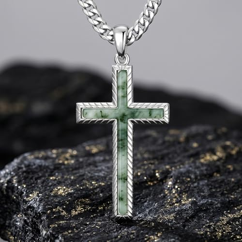 MRENITE Silver Natural Stone Cross Necklace, Classic Latin Cross Pendant Necklace for Unisex Women Man, Vintage Crystal Quartz Cross Necklace with 20+2 Inches Adjustable Cuban Chain - style: Moss Agate