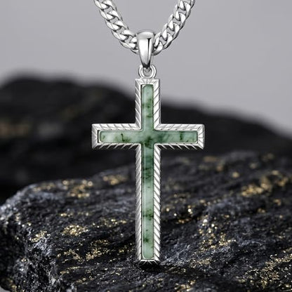 MRENITE Silver Natural Stone Cross Necklace, Classic Latin Cross Pendant Necklace for Unisex Women Man, Vintage Crystal Quartz Cross Necklace with 20+2 Inches Adjustable Cuban Chain - style: Moss Agate