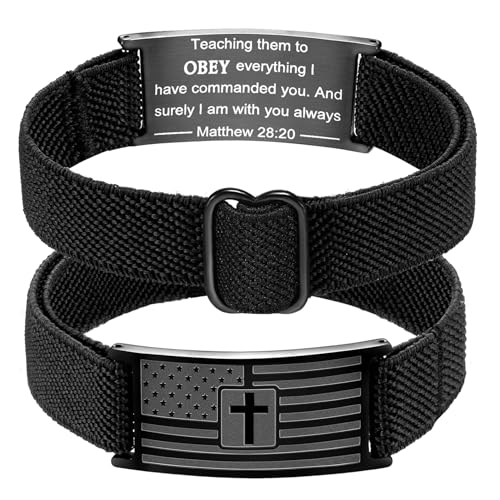 Easter Basket Stuffers - American Flag Cross Bracelet for Boys Men Freedom Adjustable Strap Christian Bracelets Engraved Bible Verses Inspirational Messages Religious Prayer Jewelry Gift Military Patriotic Wristbands - color: Black, size: Matthew 28:20
