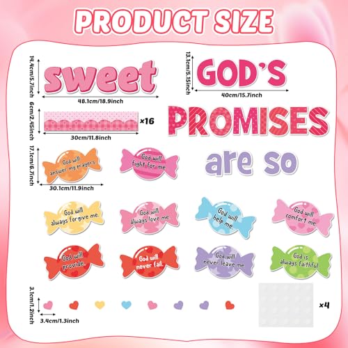 Valentine's Day Sweet Candy Bulletin Board Set Christian Classroom Decorations Valentines Religious God’s Promises Candy Paper Cutouts for Sunday School Church Office Home Chalkboard Wall Door Decor - style: God’s promises are so sweet