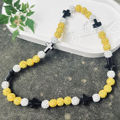 Baseball Bead Cross Necklace for Boys Kids, Elastic Rhinestone Bling Necklace Drip Gifts for Teens Players - color: Black Cross/Yellow/White