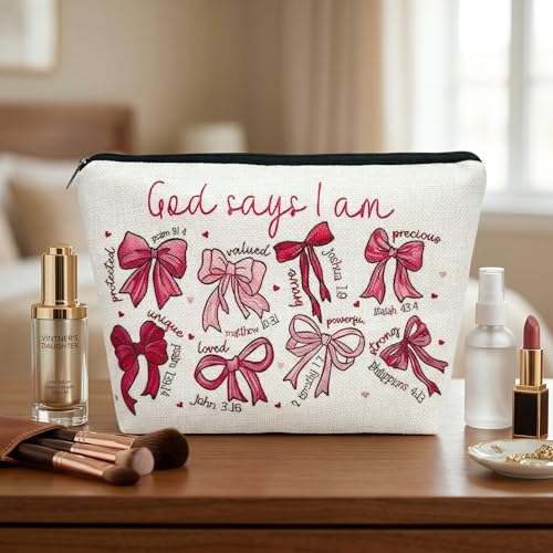 1 Pcs bow makeup bag inscribed with God Says I Am... and Bible verses a faith filled Christian inspirational gift for women 9.84x6.93x2.36 (Bow A) - color: Bow A