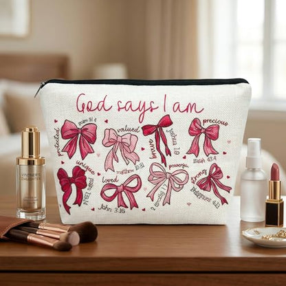 1 Pcs bow makeup bag inscribed with God Says I Am... and Bible verses a faith filled Christian inspirational gift for women 9.84x6.93x2.36 (Bow A) - color: Bow A