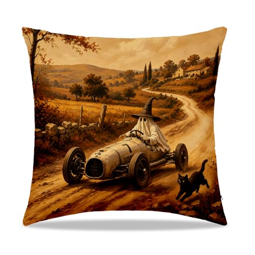 Dibor Fall Halloween Ghost Cat Racing Car Throw Pillow Covers 18x18 Inch - color: Fall3