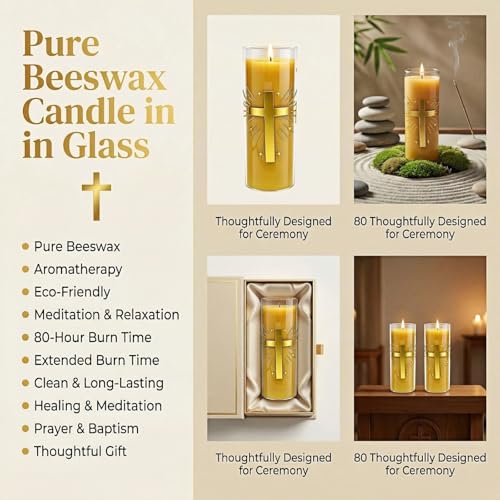 2 Pack 100% Pure Beeswax Pillar Candles in Glass Jar with Cross Design – Unscented, 80-Hour Long Burning, Dripless & Smokeless – Non-Toxic Candles for Prayer, Meditation & Religious Gifts