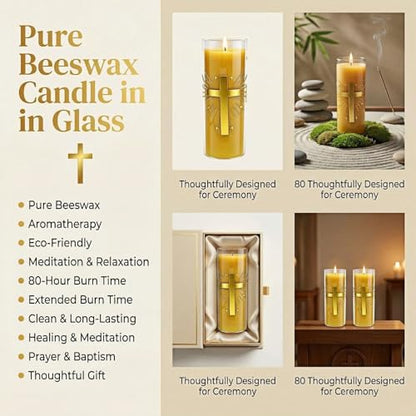2 Pack 100% Pure Beeswax Pillar Candles in Glass Jar with Cross Design – Unscented, 80-Hour Long Burning, Dripless & Smokeless – Non-Toxic Candles for Prayer, Meditation & Religious Gifts