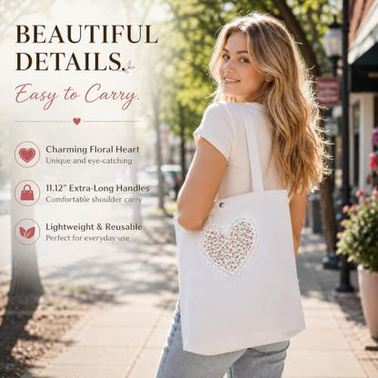 Christian Tote Bag Gift for Women, Canvas Bible Bag Handmade Floral Cross - color: White-mini Roses Love