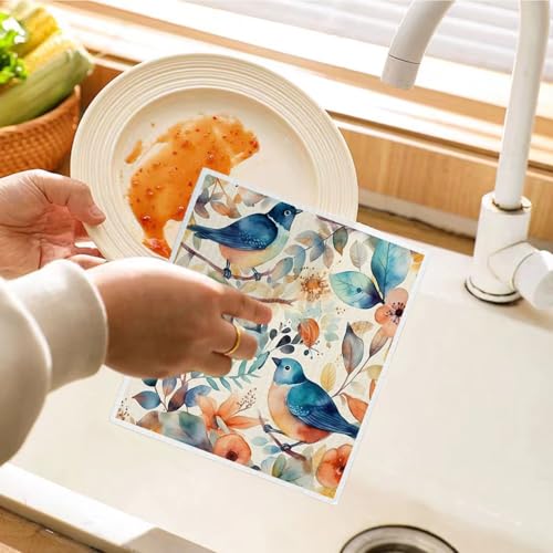 Bird Flower Swedish Dishcloths for Kitchen, Papaya Reusable Paper Towels, 4 Pack Watercolor Dish Cloths, Washable - color: Bird Flowers