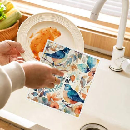 Bird Flower Swedish Dishcloths for Kitchen, Papaya Reusable Paper Towels, 4 Pack Watercolor Dish Cloths, Washable - color: Bird Flowers