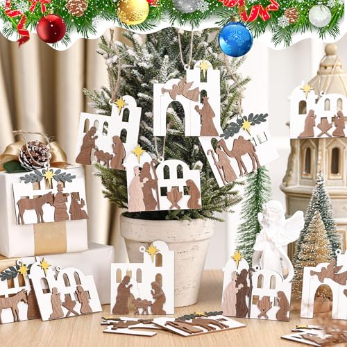 Shellwei 24 Pcs Christmas Wooden Nativity Ornaments Set Bulk Gift - style: Classic