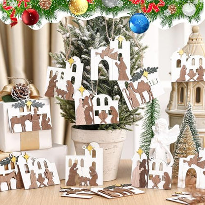 Shellwei 24 Pcs Christmas Wooden Nativity Ornaments Set Bulk Gift - style: Classic