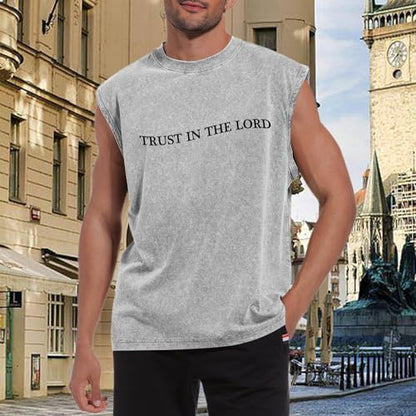 Mens Christian Tank Tops Trust in The Lord God Jesus Religious Faith Bible Verse Shirts Graphic Acid Wash Gym Tees - color: Light Gray, size: Small