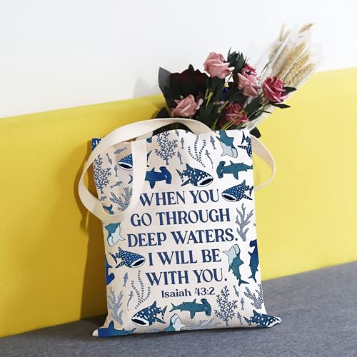 TSOTMO Whale Shark Gift When You Pass Through Deep Waters Inspirational Tote Bag Christian Ocean Beachy Gift for Women