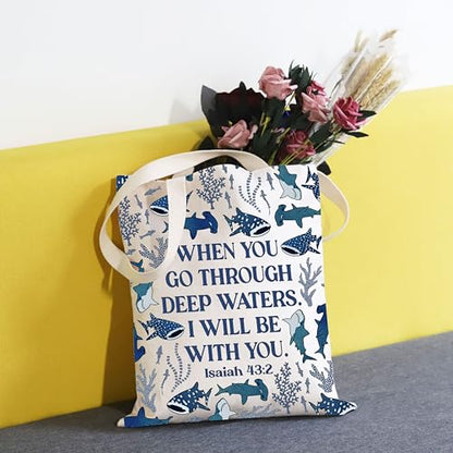 TSOTMO Whale Shark Gift When You Pass Through Deep Waters Inspirational Tote Bag Christian Ocean Beachy Gift for Women