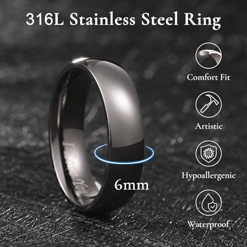 King Will 316L Wedding Band for Men Women, 4-8mm I LOVE YOU Dome Size 4-15 - color: E-Gunmetal Gray-6mm