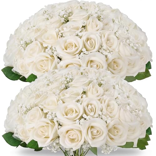 50 Pcs Artificial Rose Bouquet with Baby's Breath, Fake Silk White Roses Realistic Rose for Wedding Centerpieces Flower Arrangement Home Decor