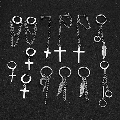 20 Pieces Men Earrings Set - Black Stainless Steel Chain Hoop Earrings Cross Moon and Star Dangle Earrings Piercing Jewelry for Men Women - color: Silver