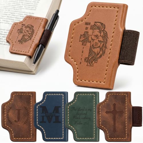 Personalized Magnetic Leather Style Bookmark with Pen Holder, Custom Engraved Name Initial Bible Verse, Cross Lion Monogram Book Marker, Gift for Readers Teachers Students Men Women - color: Lion and Cross