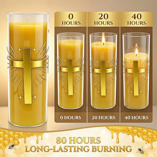 2 Pack 100% Pure Beeswax Pillar Candles in Glass Jar with Cross Design – Unscented, 80-Hour Long Burning, Dripless & Smokeless – Non-Toxic Candles for Prayer, Meditation & Religious Gifts