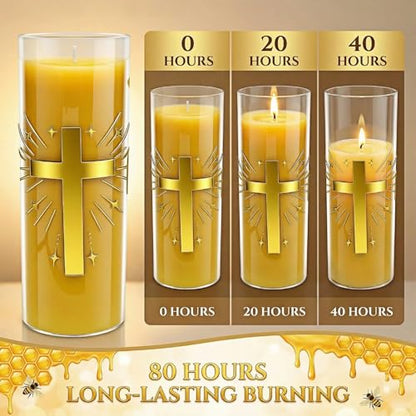 2 Pack 100% Pure Beeswax Pillar Candles in Glass Jar with Cross Design – Unscented, 80-Hour Long Burning, Dripless & Smokeless – Non-Toxic Candles for Prayer, Meditation & Religious Gifts