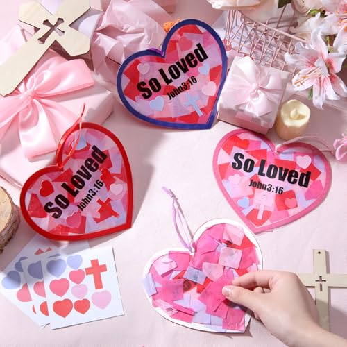 Lunmon 24 Pcs So Loved John3:16 Christian Valentine Crafts Religious Valentine Suncatchers Ornaments DIY Heart Stained Glass Kit Window Art for Church Party Vbs with Ribbon and Stickers - style: Heart