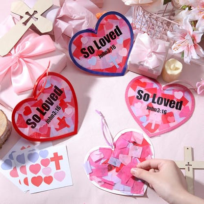 Lunmon 24 Pcs So Loved John3:16 Christian Valentine Crafts Religious Valentine Suncatchers Ornaments DIY Heart Stained Glass Kit Window Art for Church Party Vbs with Ribbon and Stickers - style: Heart